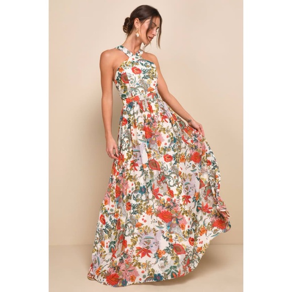 NEW Lulus Lilja High Neck Cream Floral Print Maxi Dress Women's XL - Picture 1 of 9